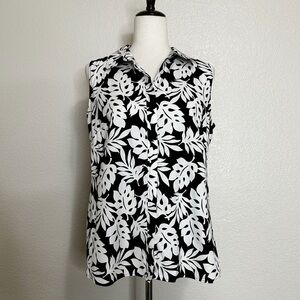 Talbots Wrinkle Resistant Black White Leaf Button Down Polo Shirt, Size 10